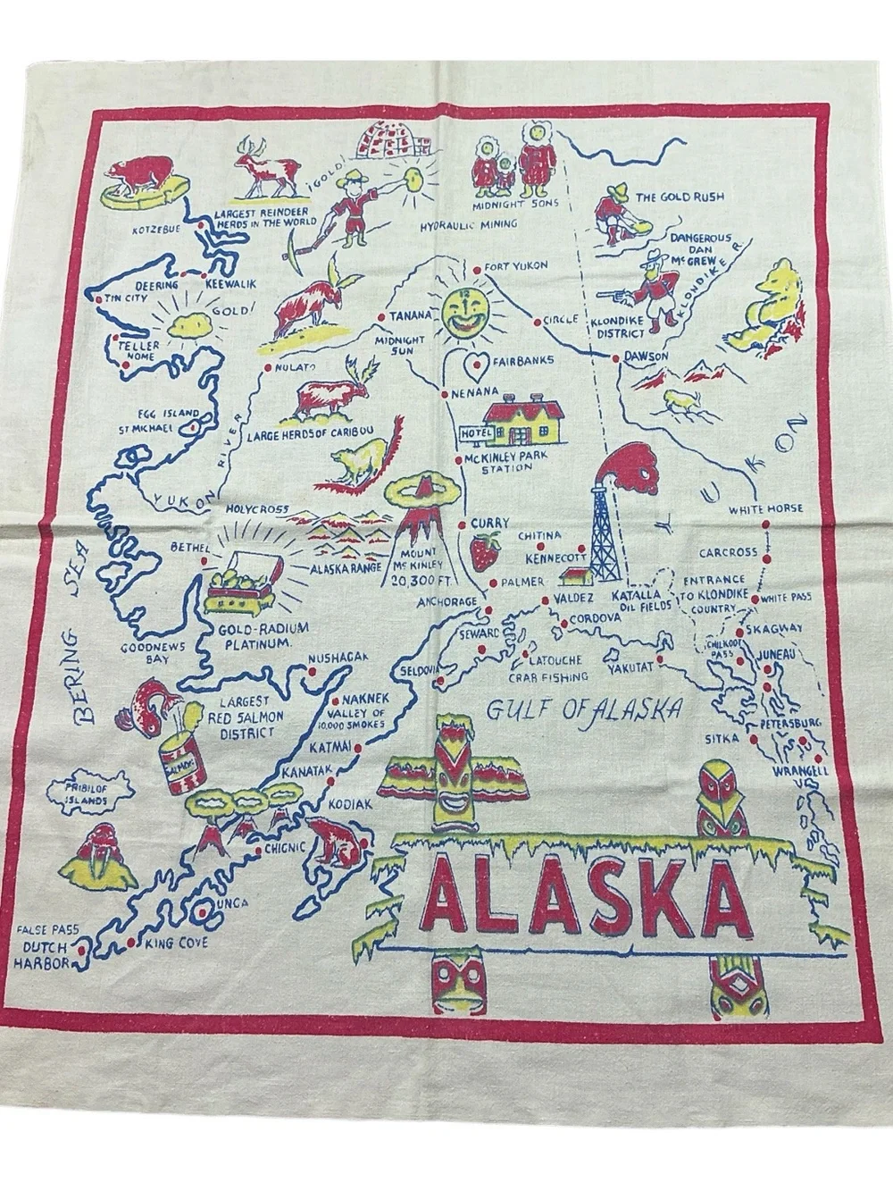 Vintage Alaska 1950s cotton/linen souvenir tablecloth 29 x 34 USA